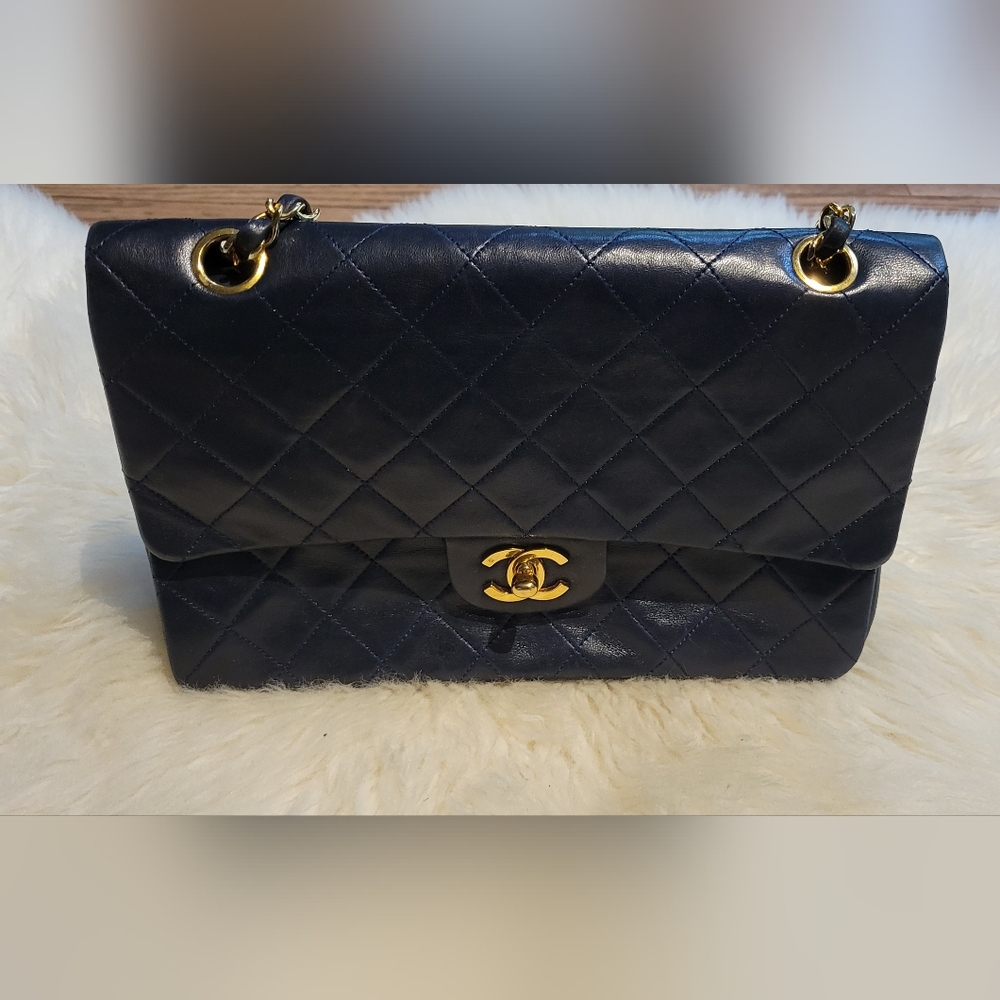 Chanel Quilted Lambskin Dark Blue Classic Double Flap Medium Bag Gold Hardware